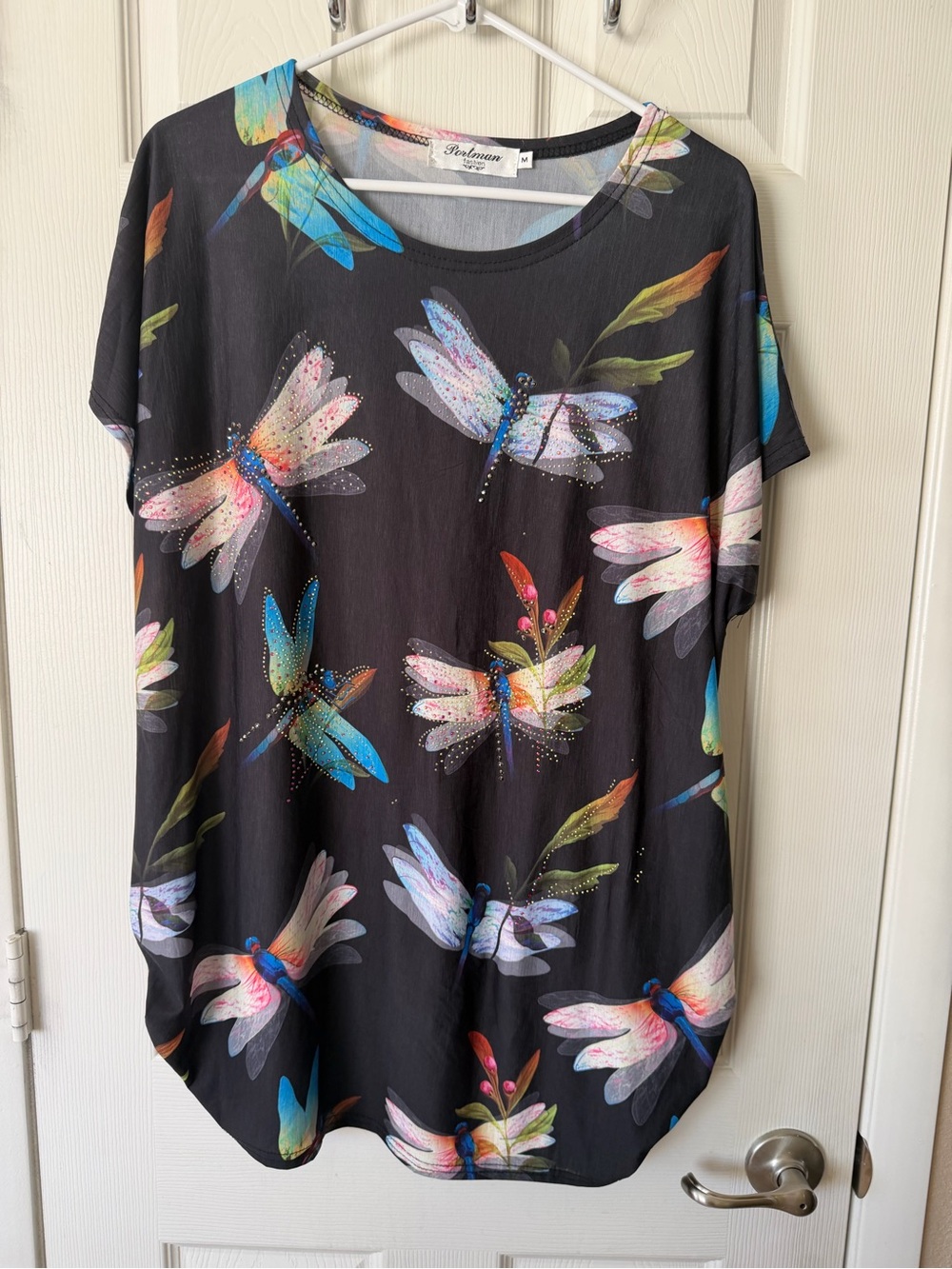 Portmans Black Short Sleeve Top with Multicolor Dragonfly Print